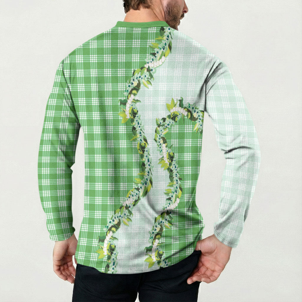 Green Hawaii Palaka Button Sweatshirt Maile Pikake Honohono Orchid Lei