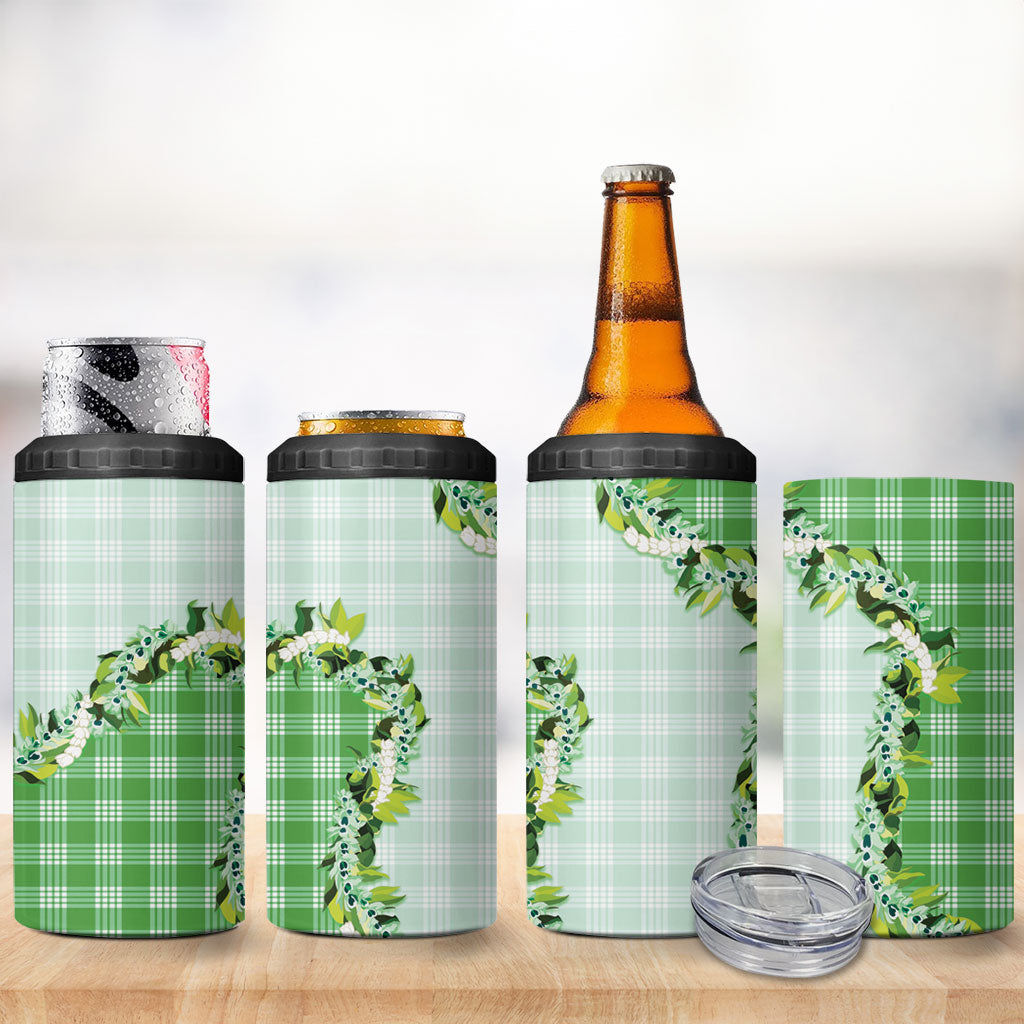 Green Hawaii Palaka 4 in 1 Can Cooler Tumbler Maile Pikake Honohono Orchid Lei