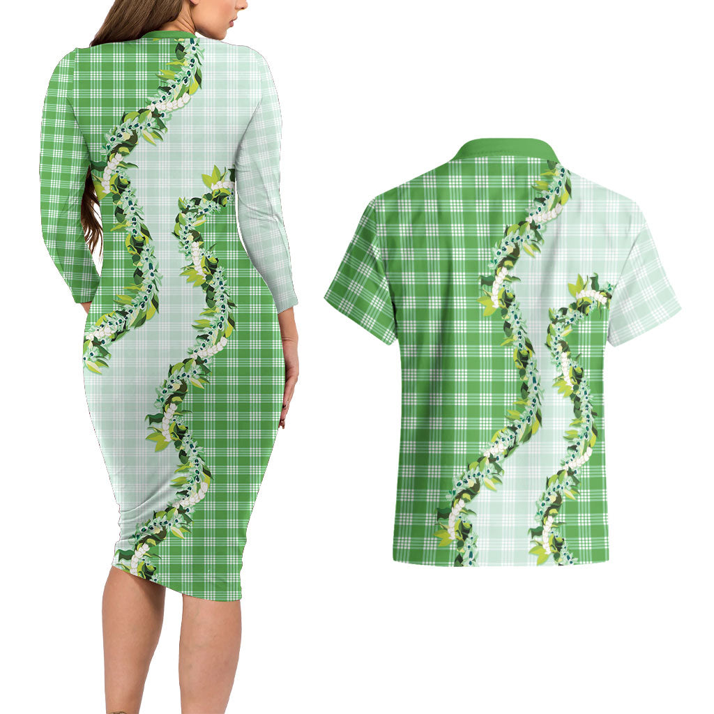 Green Hawaii Palaka Couples Matching Long Sleeve Bodycon Dress and Hawaiian Shirt Maile Pikake Honohono Orchid Lei