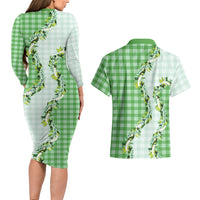 Green Hawaii Palaka Couples Matching Long Sleeve Bodycon Dress and Hawaiian Shirt Maile Pikake Honohono Orchid Lei