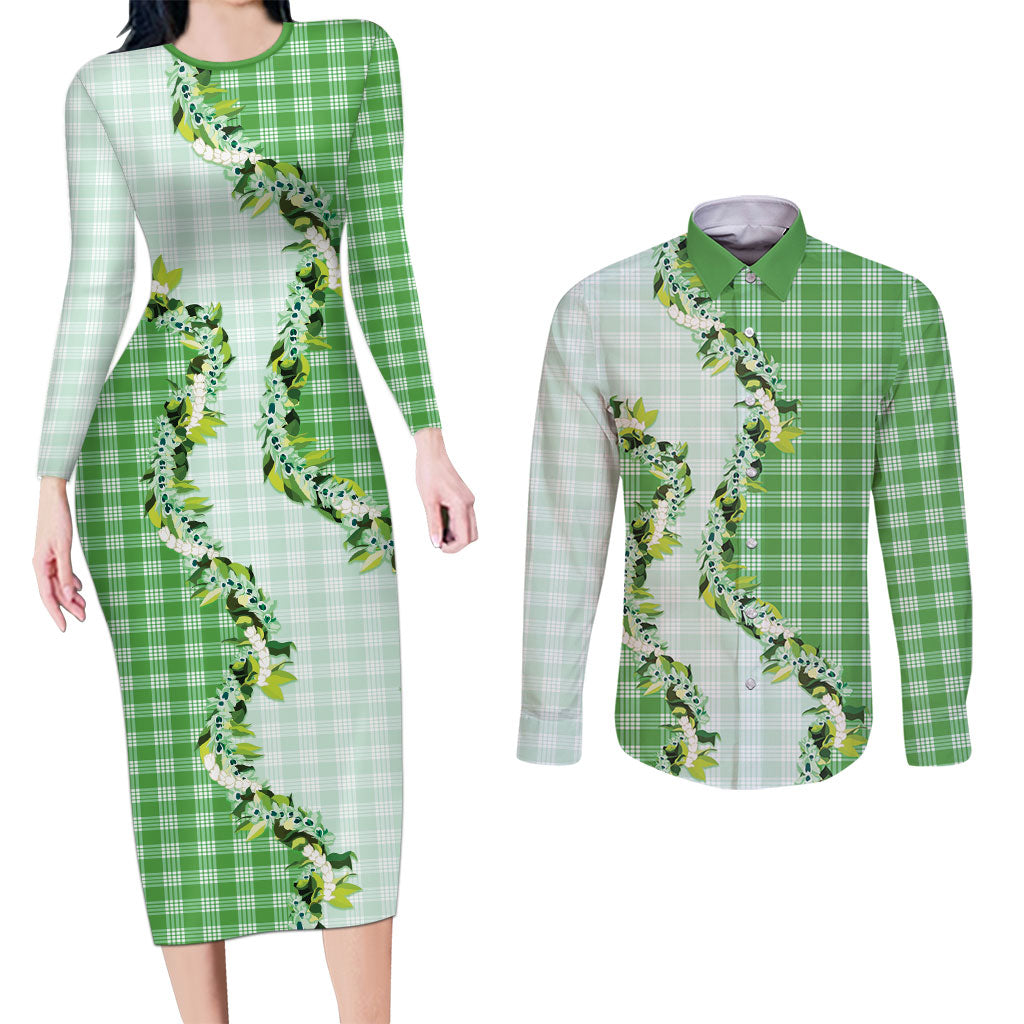 Green Hawaii Palaka Couples Matching Long Sleeve Bodycon Dress and Long Sleeve Button Shirt Maile Pikake Honohono Orchid Lei