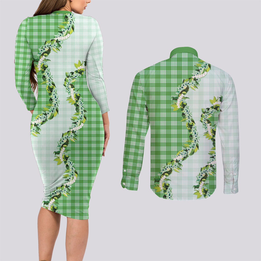 Green Hawaii Palaka Couples Matching Long Sleeve Bodycon Dress and Long Sleeve Button Shirt Maile Pikake Honohono Orchid Lei