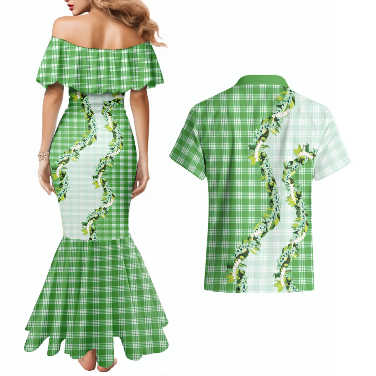 Green Hawaii Palaka Couples Matching Mermaid Dress and Hawaiian Shirt Maile Pikake Honohono Orchid Lei