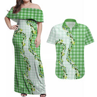 Green Hawaii Palaka Couples Matching Off Shoulder Maxi Dress and Hawaiian Shirt Maile Pikake Honohono Orchid Lei