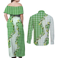 Green Hawaii Palaka Couples Matching Off Shoulder Maxi Dress and Long Sleeve Button Shirt Maile Pikake Honohono Orchid Lei