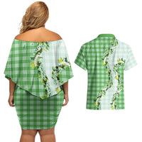 Green Hawaii Palaka Couples Matching Off Shoulder Short Dress and Hawaiian Shirt Maile Pikake Honohono Orchid Lei