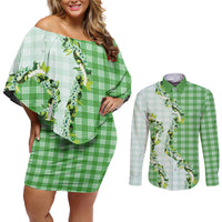 Green Hawaii Palaka Couples Matching Off Shoulder Short Dress and Long Sleeve Button Shirt Maile Pikake Honohono Orchid Lei