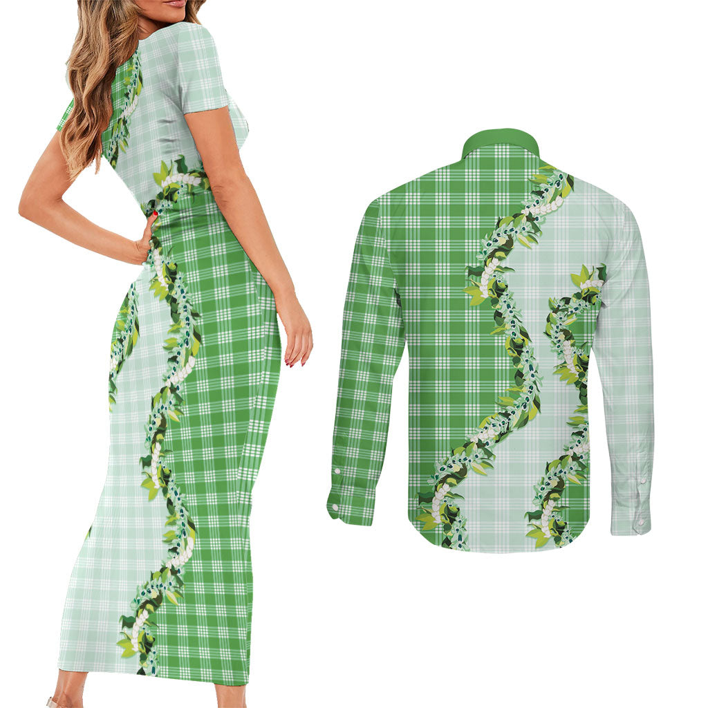 Green Hawaii Palaka Couples Matching Short Sleeve Bodycon Dress and Long Sleeve Button Shirt Maile Pikake Honohono Orchid Lei