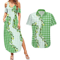 Green Hawaii Palaka Couples Matching Summer Maxi Dress and Hawaiian Shirt Maile Pikake Honohono Orchid Lei
