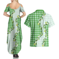Green Hawaii Palaka Couples Matching Summer Maxi Dress and Hawaiian Shirt Maile Pikake Honohono Orchid Lei