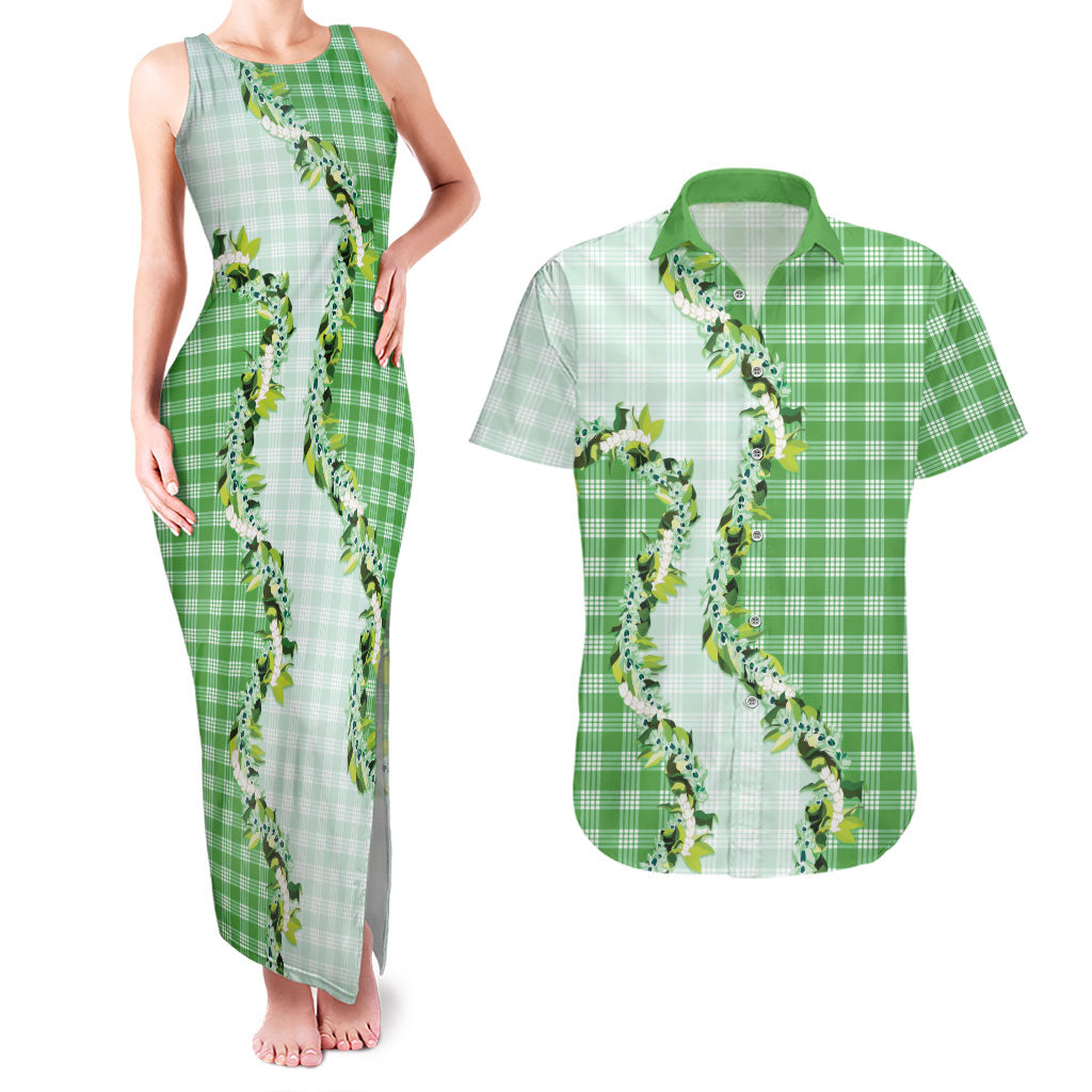 Green Hawaii Palaka Couples Matching Tank Maxi Dress and Hawaiian Shirt Maile Pikake Honohono Orchid Lei LT05 Green - Polynesian Pride