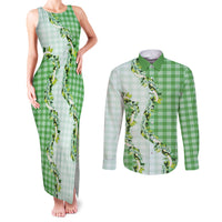 Green Hawaii Palaka Couples Matching Tank Maxi Dress and Long Sleeve Button Shirt Maile Pikake Honohono Orchid Lei