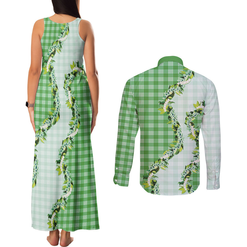 Green Hawaii Palaka Couples Matching Tank Maxi Dress and Long Sleeve Button Shirt Maile Pikake Honohono Orchid Lei