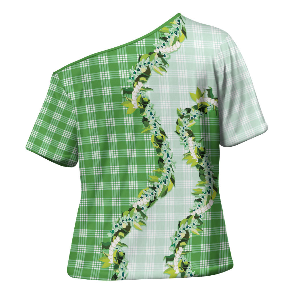 Green Hawaii Palaka Cross Shoulder Shirt Maile Pikake Honohono Orchid Lei