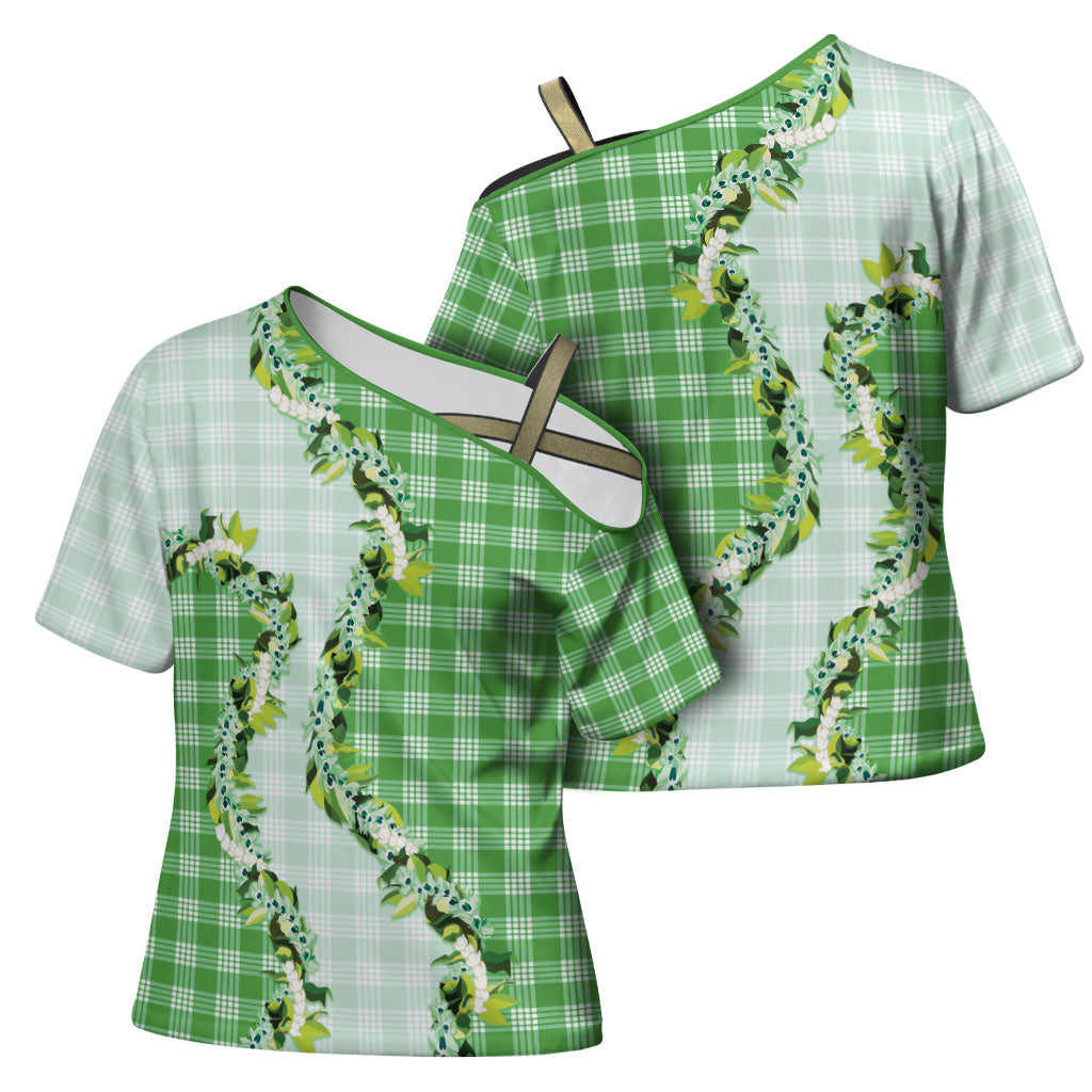 Green Hawaii Palaka Cross Shoulder Shirt Maile Pikake Honohono Orchid Lei