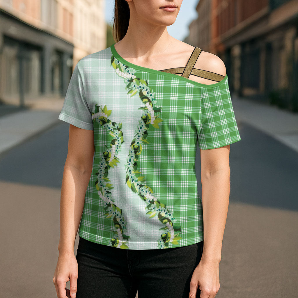 Green Hawaii Palaka Cross Shoulder Shirt Maile Pikake Honohono Orchid Lei