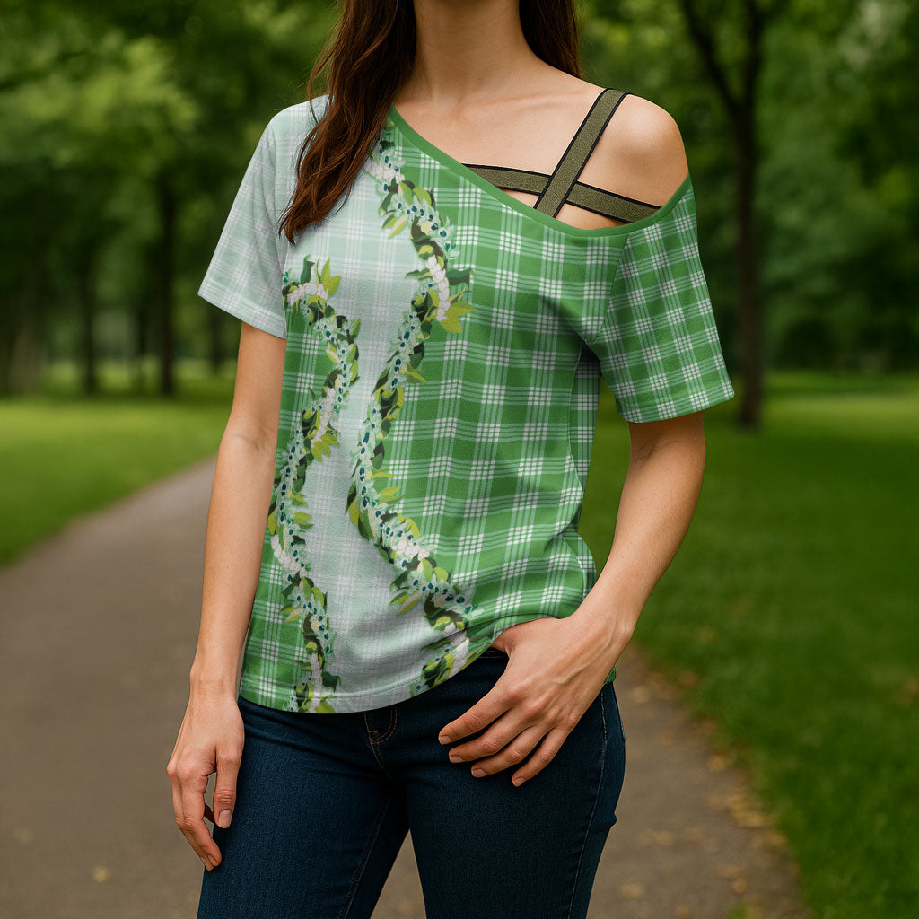 Green Hawaii Palaka Cross Shoulder Shirt Maile Pikake Honohono Orchid Lei