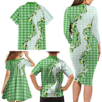 Green Hawaii Palaka Family Matching Long Sleeve Bodycon Dress and Hawaiian Shirt Maile Pikake Honohono Orchid Lei
