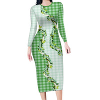 Green Hawaii Palaka Family Matching Long Sleeve Bodycon Dress and Hawaiian Shirt Maile Pikake Honohono Orchid Lei