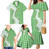 Green Hawaii Palaka Family Matching Mermaid Dress and Hawaiian Shirt Maile Pikake Honohono Orchid Lei