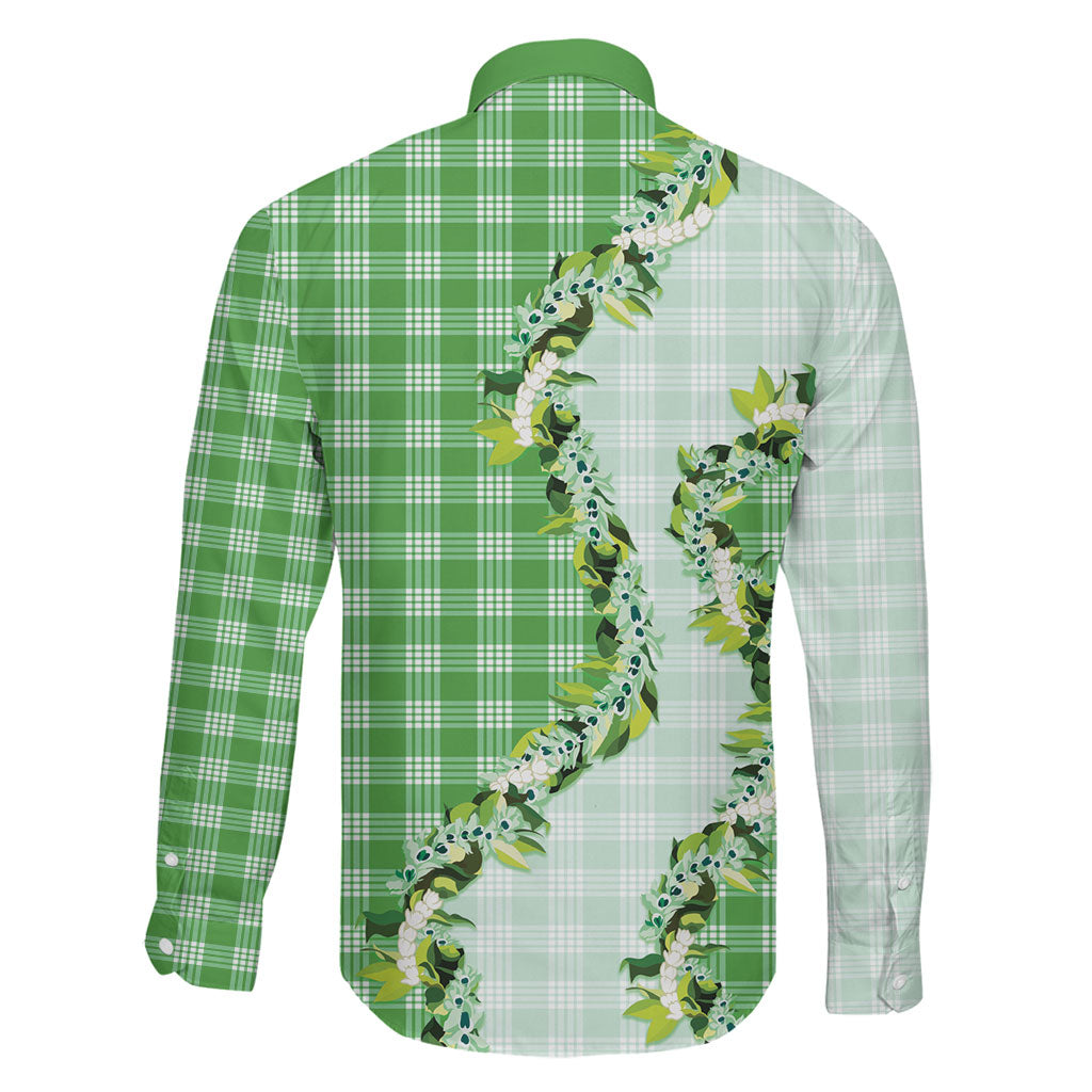 Green Hawaii Palaka Family Matching Mermaid Dress and Hawaiian Shirt Maile Pikake Honohono Orchid Lei