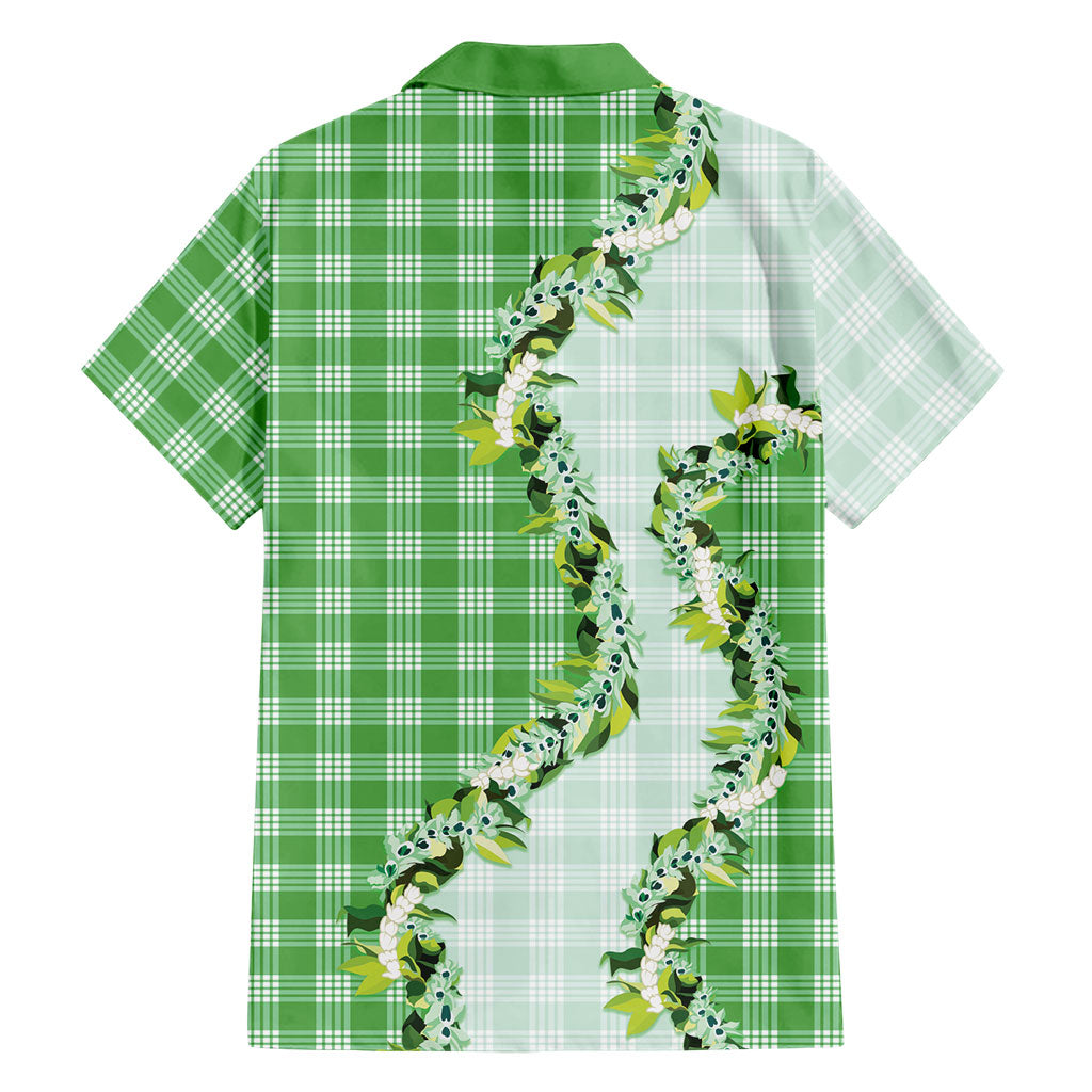 Green Hawaii Palaka Family Matching Off Shoulder Maxi Dress and Hawaiian Shirt Maile Pikake Honohono Orchid Lei