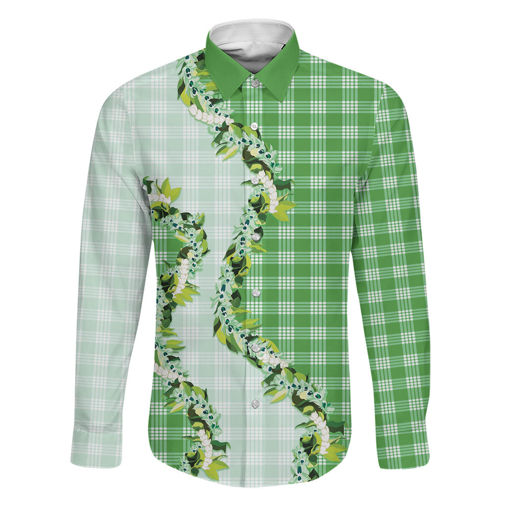 Green Hawaii Palaka Family Matching Off Shoulder Maxi Dress and Hawaiian Shirt Maile Pikake Honohono Orchid Lei