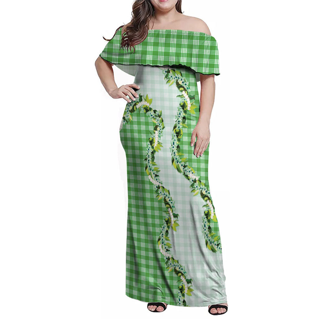 Green Hawaii Palaka Family Matching Off Shoulder Maxi Dress and Hawaiian Shirt Maile Pikake Honohono Orchid Lei