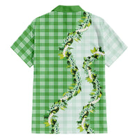Green Hawaii Palaka Family Matching Off Shoulder Short Dress and Hawaiian Shirt Maile Pikake Honohono Orchid Lei