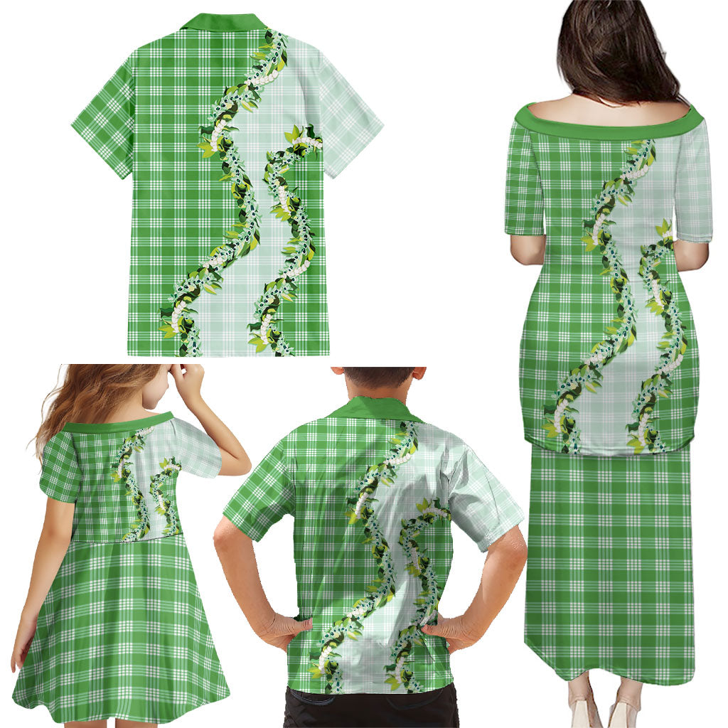 Green Hawaii Palaka Family Matching Puletasi and Hawaiian Shirt Maile Pikake Honohono Orchid Lei