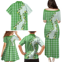 Green Hawaii Palaka Family Matching Puletasi and Hawaiian Shirt Maile Pikake Honohono Orchid Lei