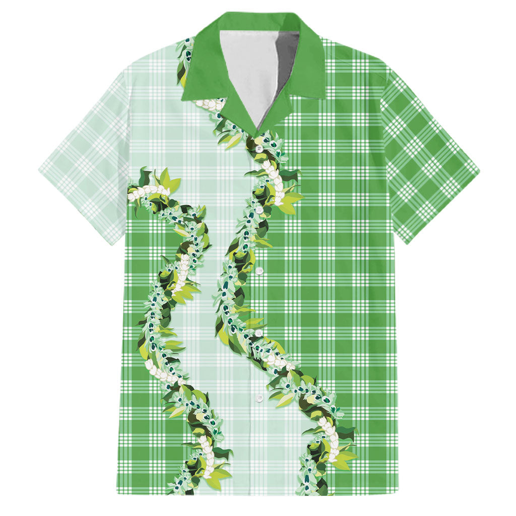 Green Hawaii Palaka Family Matching Puletasi and Hawaiian Shirt Maile Pikake Honohono Orchid Lei