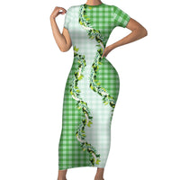Green Hawaii Palaka Family Matching Short Sleeve Bodycon Dress and Hawaiian Shirt Maile Pikake Honohono Orchid Lei