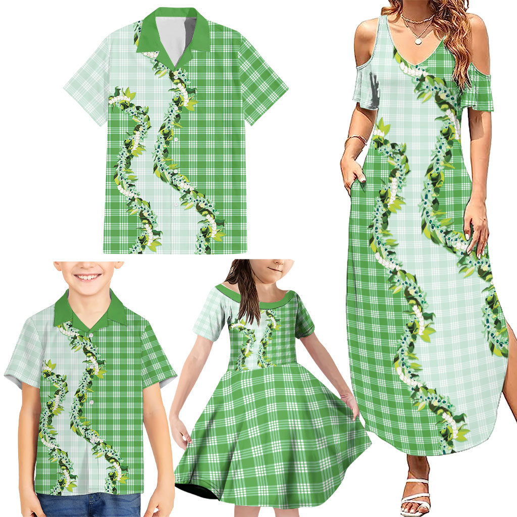 Green Hawaii Palaka Family Matching Summer Maxi Dress and Hawaiian Shirt Maile Pikake Honohono Orchid Lei
