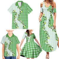 Green Hawaii Palaka Family Matching Summer Maxi Dress and Hawaiian Shirt Maile Pikake Honohono Orchid Lei