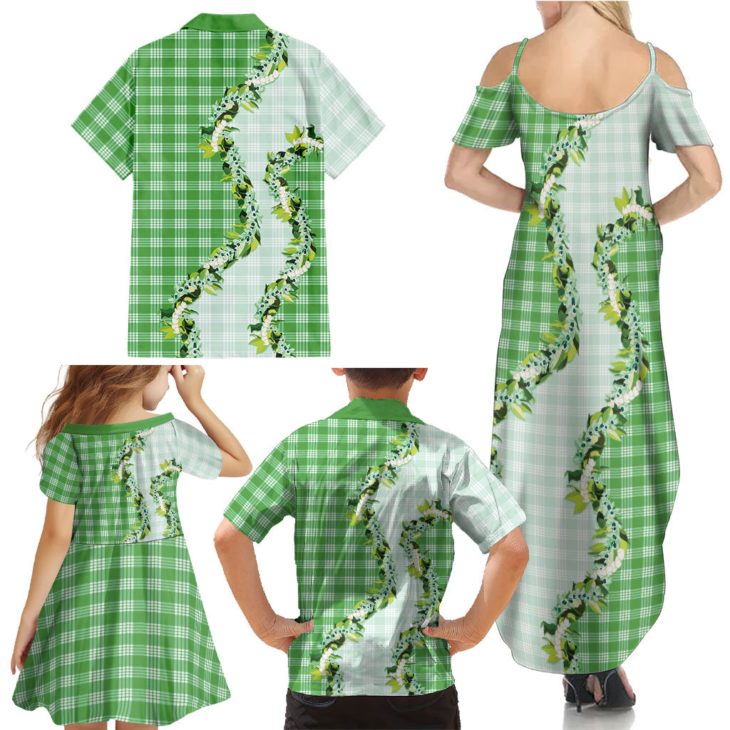 Green Hawaii Palaka Family Matching Summer Maxi Dress and Hawaiian Shirt Maile Pikake Honohono Orchid Lei