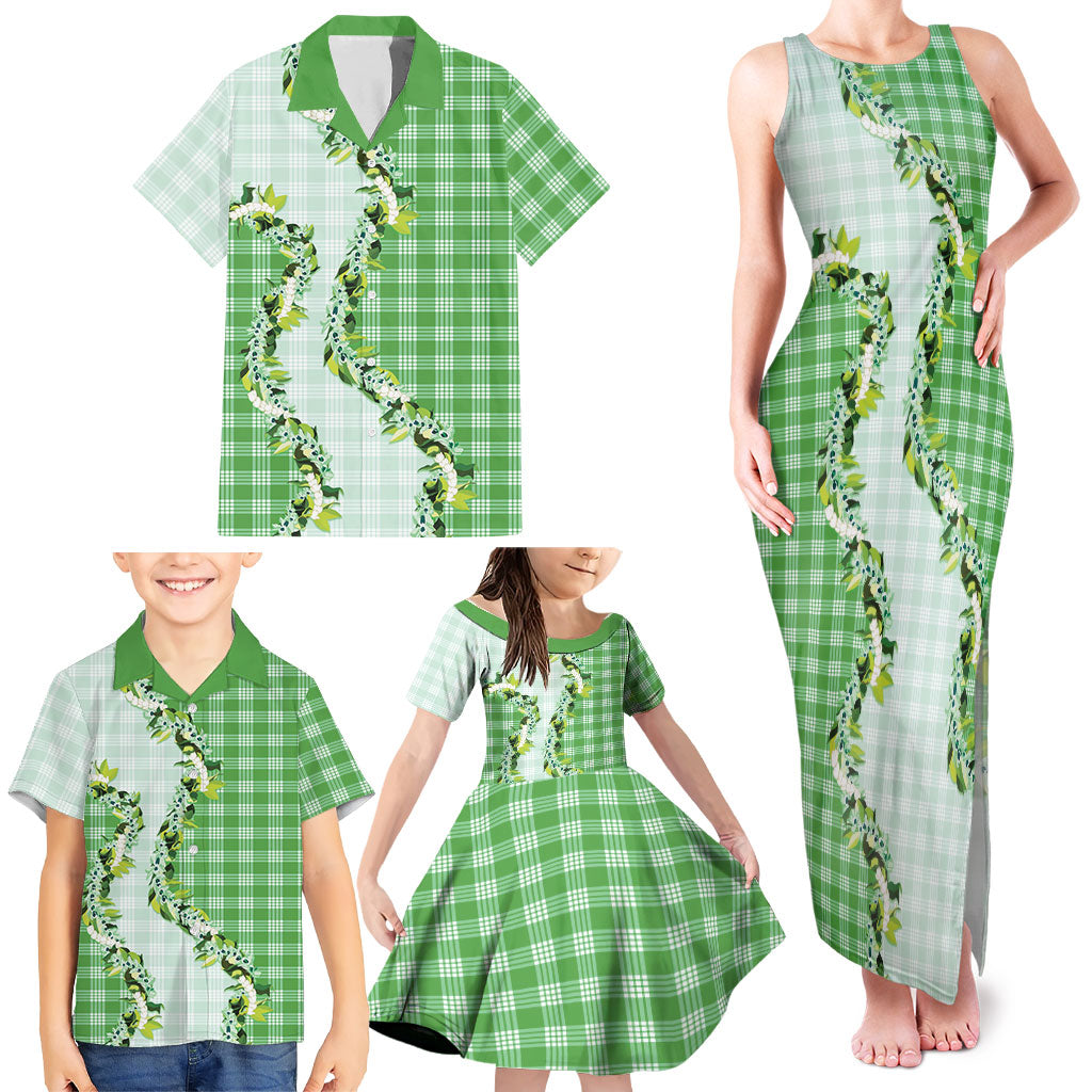 Green Hawaii Palaka Family Matching Tank Maxi Dress and Hawaiian Shirt Maile Pikake Honohono Orchid Lei