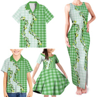 Green Hawaii Palaka Family Matching Tank Maxi Dress and Hawaiian Shirt Maile Pikake Honohono Orchid Lei