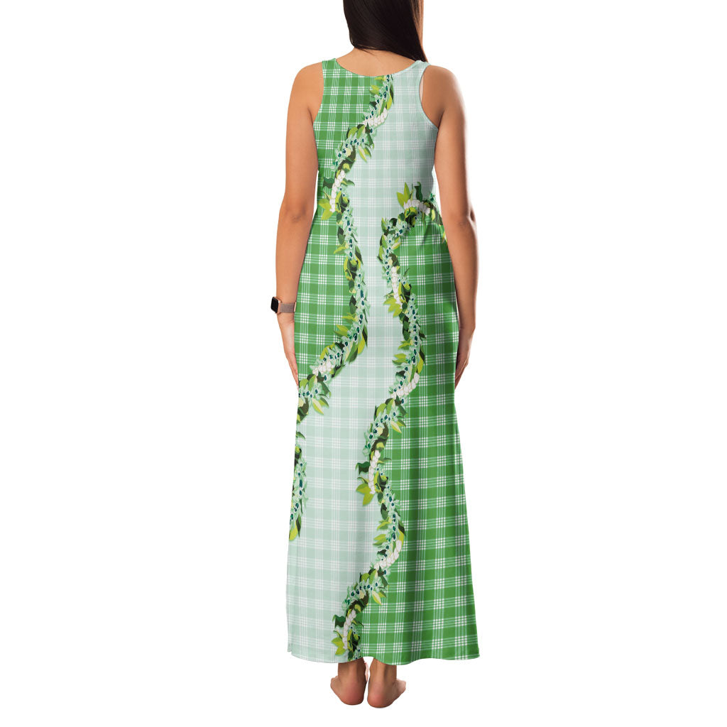 Green Hawaii Palaka Family Matching Tank Maxi Dress and Hawaiian Shirt Maile Pikake Honohono Orchid Lei