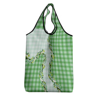 Green Hawaii Palaka Grocery Bag Maile Pikake Honohono Orchid Lei