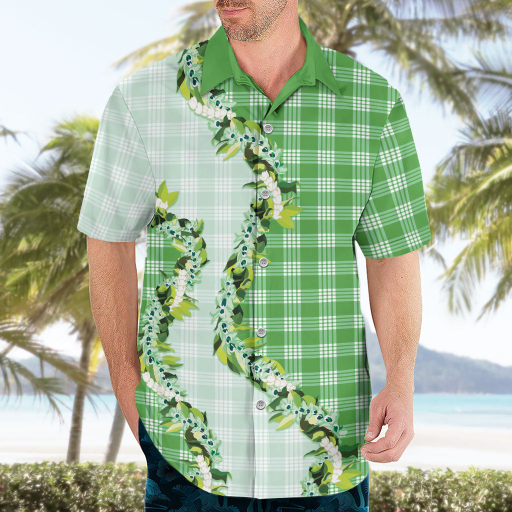 Green Hawaii Palaka Hawaiian Shirt Maile Pikake Honohono Orchid Lei