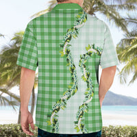 Green Hawaii Palaka Hawaiian Shirt Maile Pikake Honohono Orchid Lei