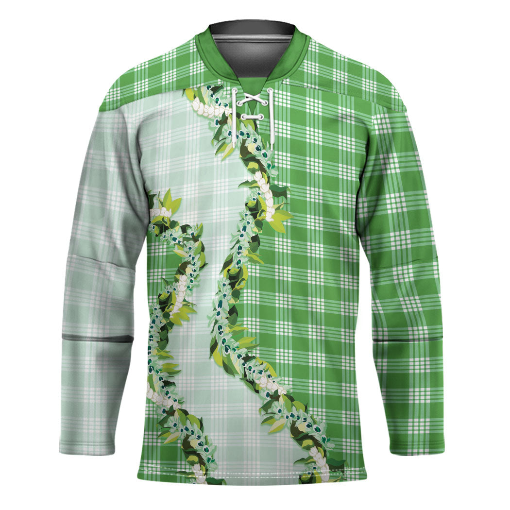 Green Hawaii Palaka Hockey Jersey Maile Pikake Honohono Orchid Lei