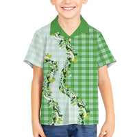 Green Hawaii Palaka Kid Hawaiian Shirt Maile Pikake Honohono Orchid Lei