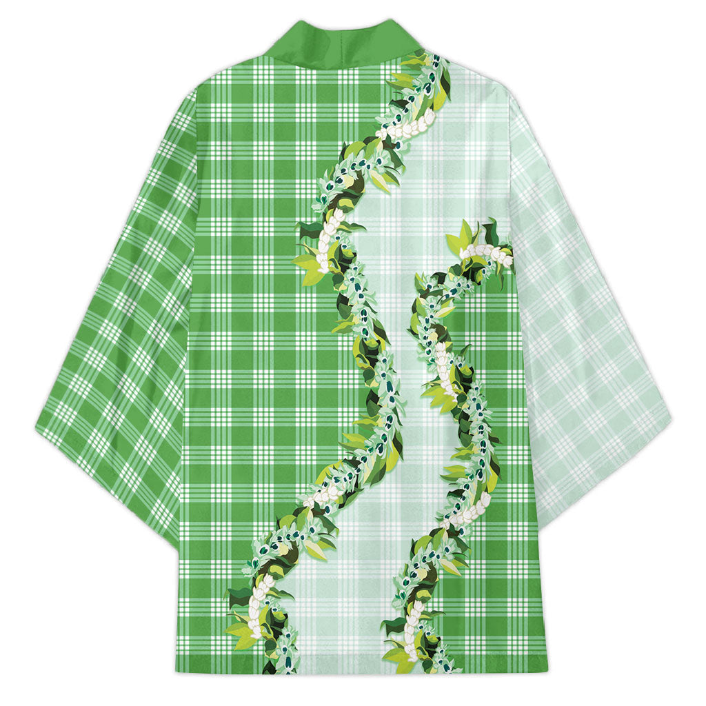 Green Hawaii Palaka Kimono Maile Pikake Honohono Orchid Lei