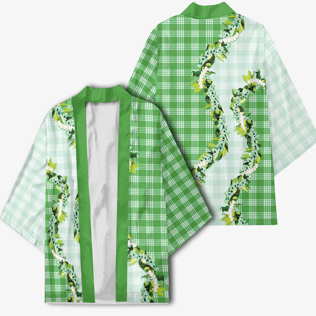 Green Hawaii Palaka Kimono Maile Pikake Honohono Orchid Lei