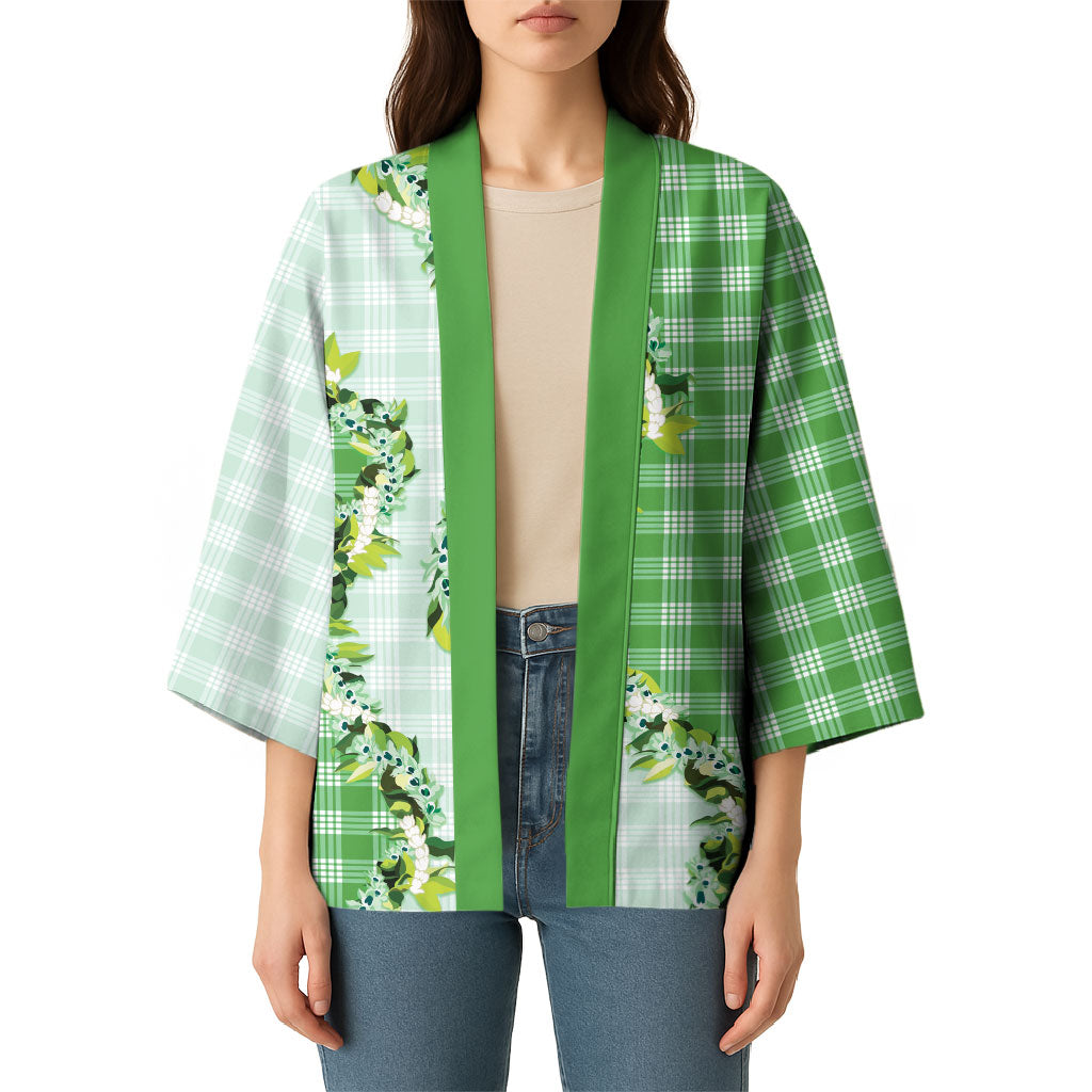 Green Hawaii Palaka Kimono Maile Pikake Honohono Orchid Lei