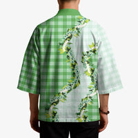 Green Hawaii Palaka Kimono Maile Pikake Honohono Orchid Lei