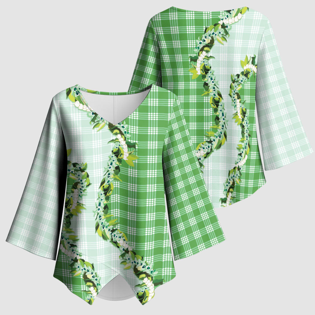 Green Hawaii Palaka Kimono Sleeve Blouse Maile Pikake Honohono Orchid Lei