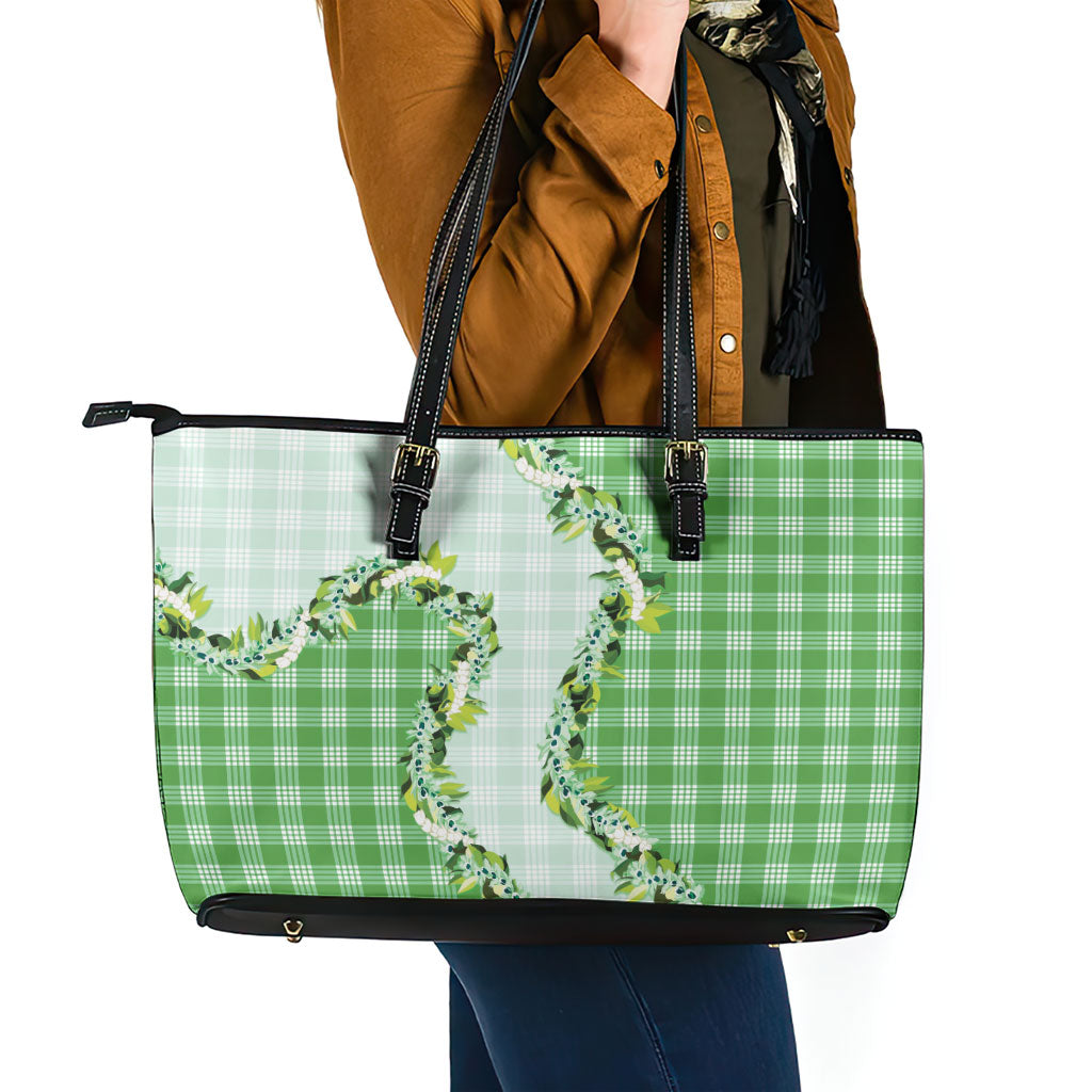 Green Hawaii Palaka Leather Tote Bag Maile Pikake Honohono Orchid Lei
